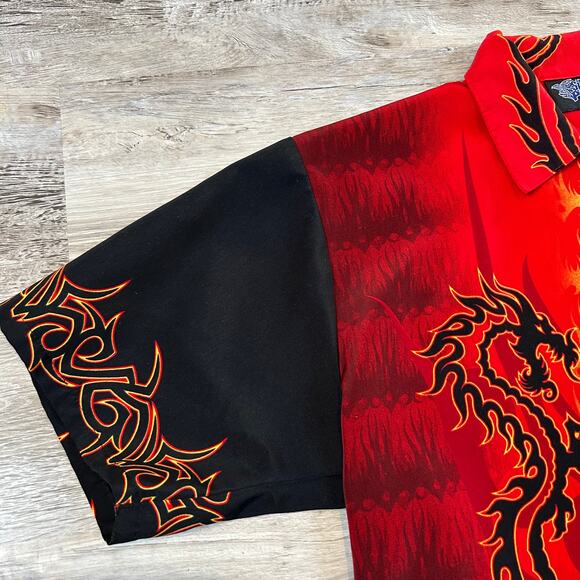 Vintage Silver Point Dragon Flame Shirt Red Yellow Print Button Down Y2K Grunge - Picture 2 of 7